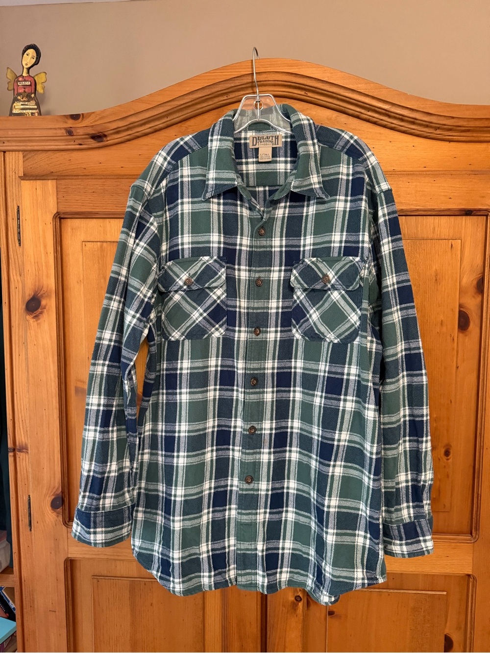 Duluth Trading Co Green & Navy Plaid Flannel Button-Up Shirt Mens LTall
